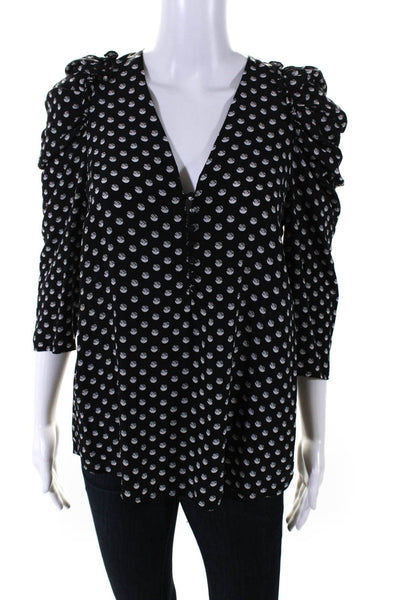 Sandro Geometric Print V-Neck Buttoned Long Sleeve Blouse Top Black Size 1