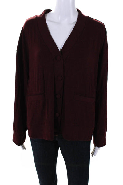 LesJour! Womens Ribbed Textured V-Neck Buttoned Long Sleeve Cardigan Red Size M