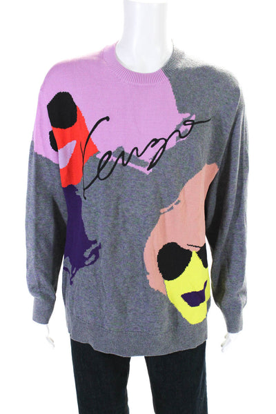 Kenzo Mens Crew Neck Intarsia Pullover Sweater Multicolor Cotton Size Large