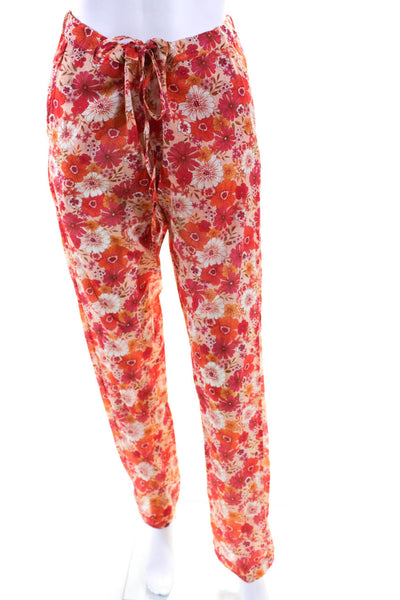 Beso Beach Womens Drawstring Mid Rise Floral Slim Leg Pants Red Orange Small