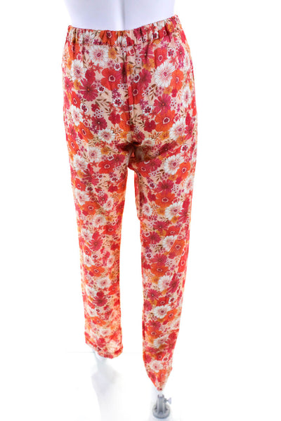 Beso Beach Womens Drawstring Mid Rise Floral Slim Leg Pants Red Orange Small