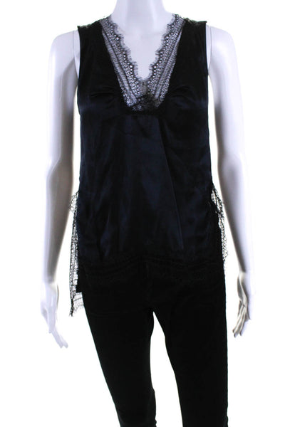 Pinko Womens Lace Trim V Neck Side Split Satin Cami Tank Top Black Size 2