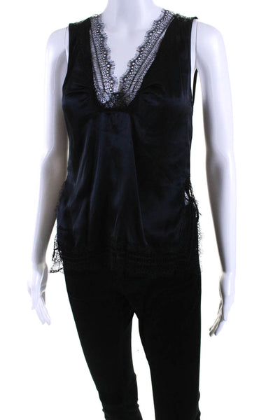 Pinko Womens Lace Trim V Neck Side Split Satin Cami Tank Top Black Size 2