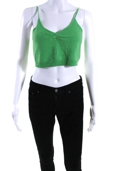 Le Superbe Womens Ruched V Neck Knit Crop Top Blouse Green Wool Size Small