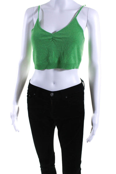 Le Superbe Womens Ruched V Neck Knit Crop Top Blouse Green Wool Size Small