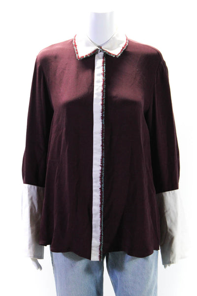 La Ligne Womens Silk Colorblock Long Sleeve Fringe Button Blouse Burgundy Size S