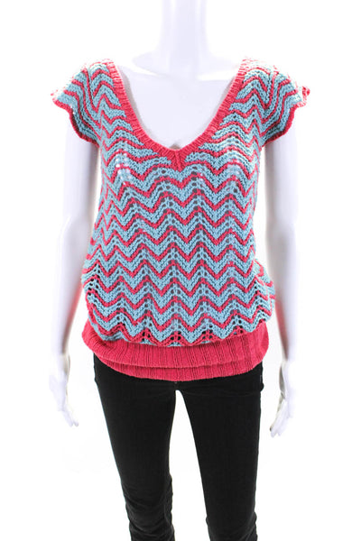 Plenty Womens Crochet Ribbed Hem Zig Zag Cap Sleeve V-Neck Top Blue Pink Size S