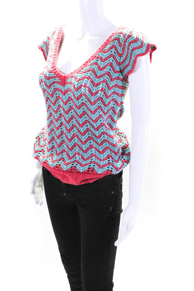 Plenty Womens Crochet Ribbed Hem Zig Zag Cap Sleeve V-Neck Top Blue Pink Size S