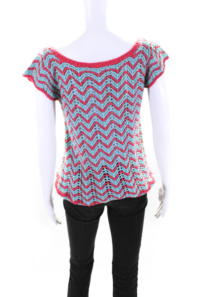 Plenty Womens Crochet Ribbed Hem Zig Zag Cap Sleeve V-Neck Top Blue Pink Size S