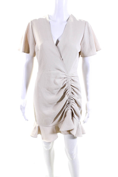 Sandro Womens Side Zip Short Sleeve V Neck Ruched Tiered Dress Cream White FR 38