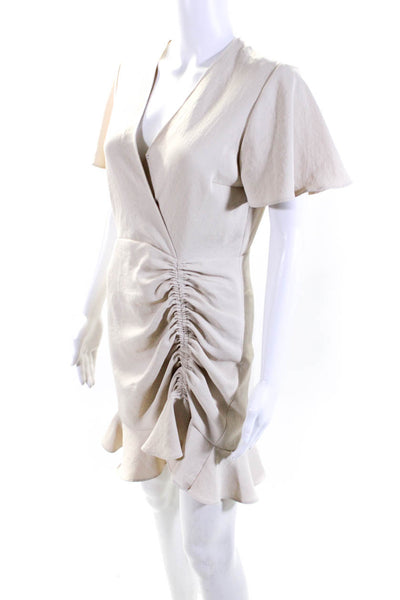 Sandro Womens Side Zip Short Sleeve V Neck Ruched Tiered Dress Cream White FR 38