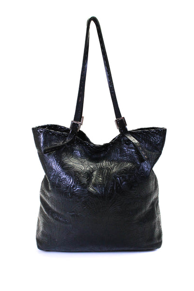 Carla Mancini Womens Black Textured Embossed Floral Shoulder Bag Handbag
