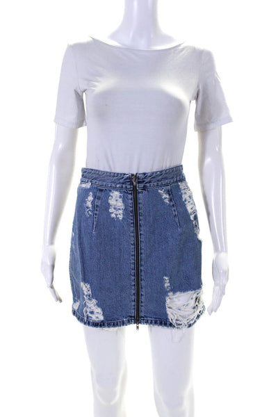 Acne Womens Back Zip Super Distressed Denim Mini Skirt Blue Size IT 38