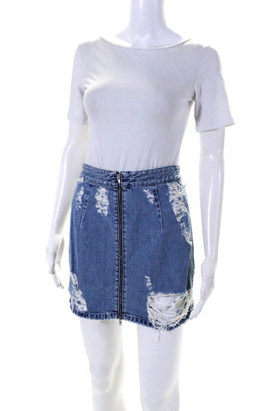 Acne Womens Back Zip Super Distressed Denim Mini Skirt Blue Size IT 38