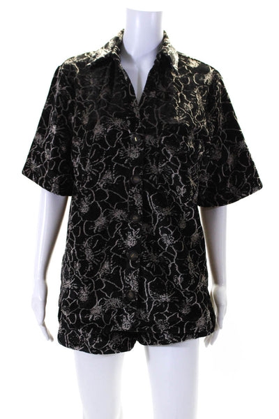 Alexis Womens Button Up Short Sleeve Floral Velour Shirt Shorts Set Black Small