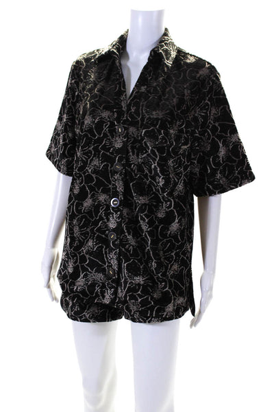 Alexis Womens Button Up Short Sleeve Floral Velour Shirt Shorts Set Black Small