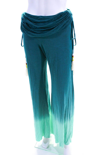 TFB Women's Cinch Waist Tassel Straight Leg Casual Pant Teal Ombre Size S