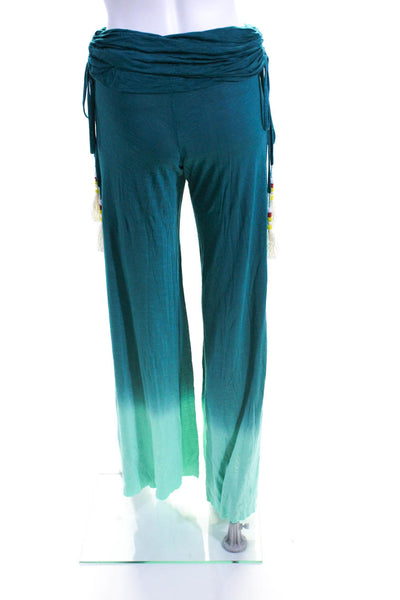 TFB Women's Cinch Waist Tassel Straight Leg Casual Pant Teal Ombre Size S