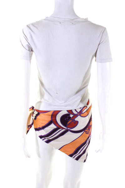 Julie Brown Womens Abstract Print Silk Satin Sarong Skirt Purple White Orange