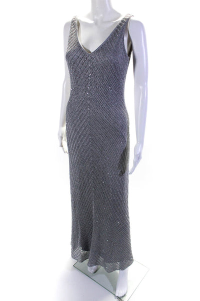 Carmen Marc Valvo Womens Metallic Crochet Sequin Maxi Sheath Dress Gray Medium