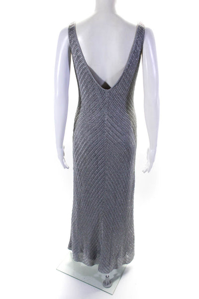 Carmen Marc Valvo Womens Metallic Crochet Sequin Maxi Sheath Dress Gray Medium