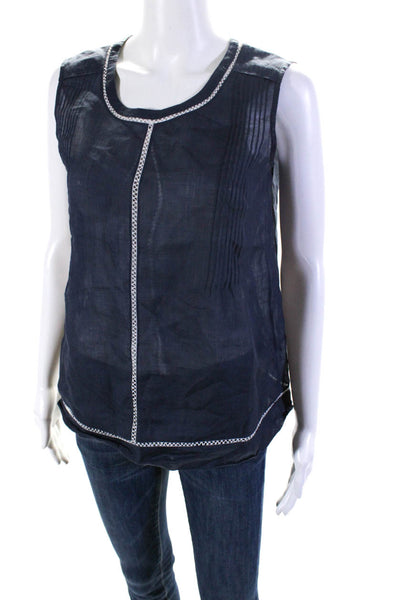 Vince Womens Pintuck Ramie Sleeveless Crew Neck Top Blouse Navy Size XS