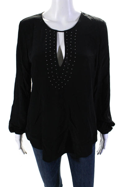 Rory Beca Womens Studded Keyhole Long Sleeve Top Blouse Black Silk Size Small