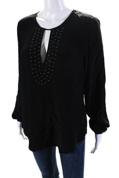 Rory Beca Womens Studded Keyhole Long Sleeve Top Blouse Black Silk Size Small