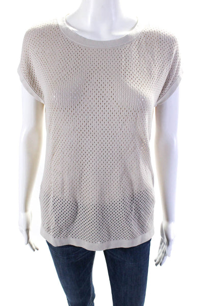 Theory Womens Open Knit Mesh Short Sleeve Top Sweater Beige Size Small