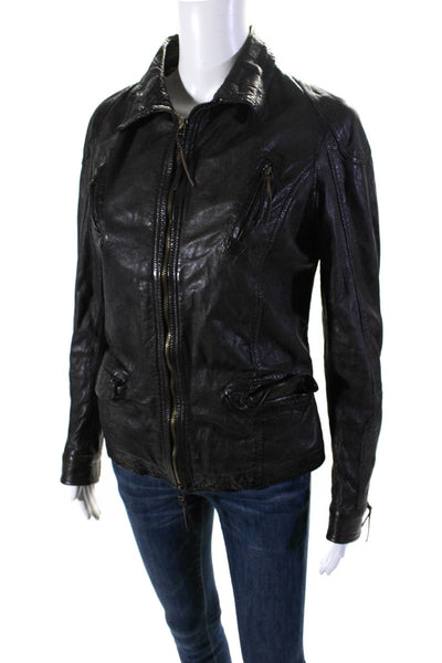 GMS-75 Womens Collared Full Zip Leather Jacket Dark Brown Size Small