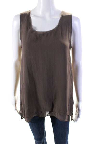 Gold Hawk Womens Raw Hem Round Neck Sleeveless Top Blouse Brown Silk Size Small