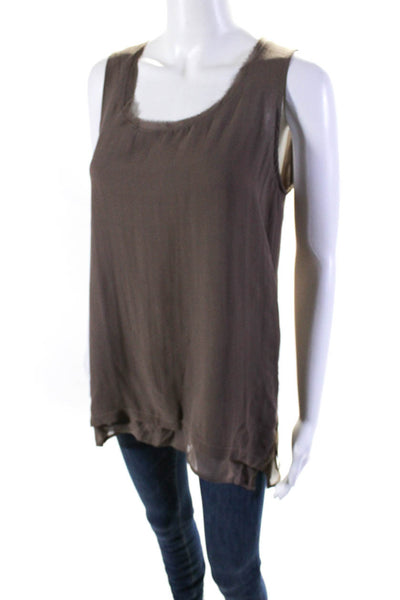 Gold Hawk Womens Raw Hem Round Neck Sleeveless Top Blouse Brown Silk Size Small