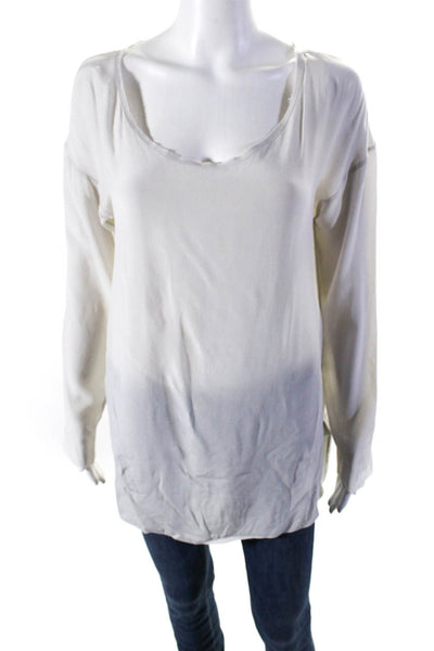 Hartford Womens Raw Hem Silk Round Neck Long Sleeve Top Blouse Off White Size 2