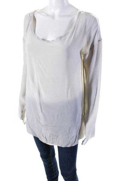 Hartford Womens Raw Hem Silk Round Neck Long Sleeve Top Blouse Off White Size 2