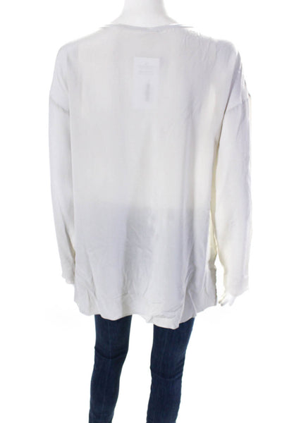 Hartford Womens Raw Hem Silk Round Neck Long Sleeve Top Blouse Off White Size 2