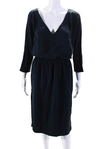 Rachel Comey Womens Silk V-Neck Batwing Mid-Calf Pencil Dress Navy Blue Size 2