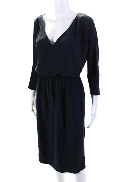 Rachel Comey Womens Silk V-Neck Batwing Mid-Calf Pencil Dress Navy Blue Size 2