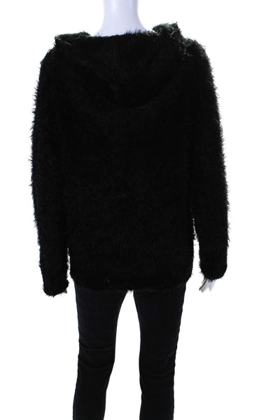 R+A Womens Long Sleeve Front Zip Hooded Knit Fuzzy Jacket Black Size Small