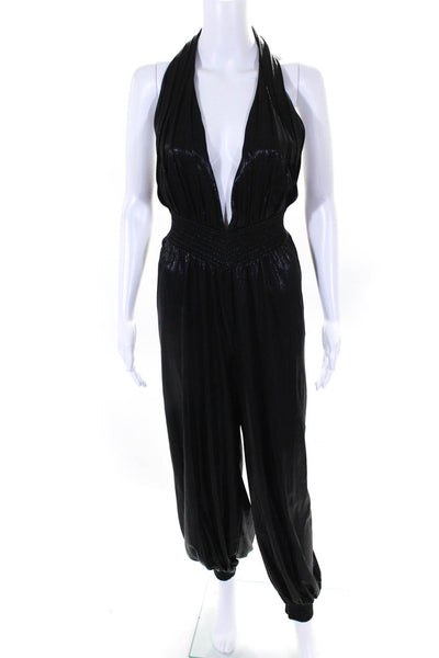 Retrofete Womens Metallic Stretch Waist V-Neck Halter Jumpsuit Black Size L