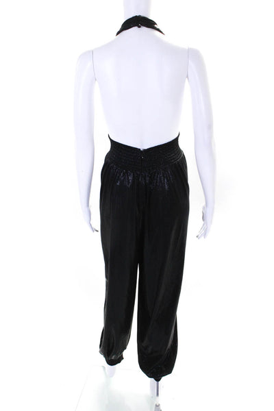 Retrofete Womens Metallic Stretch Waist V-Neck Halter Jumpsuit Black Size L