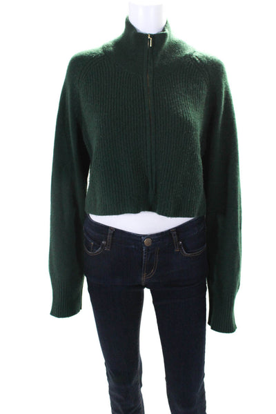 Sablyn Womens Cashmere Knit High Neck Cropped Zip Up Sweater Top Green Size L