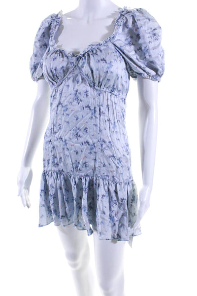 Love Shack Fancy Wopmens Silk Floral Print Puffy Sleeves Dress Blue Size 2