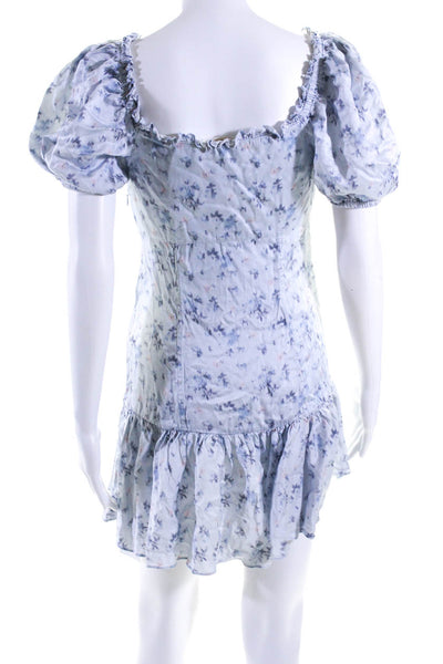 Love Shack Fancy Wopmens Silk Floral Print Puffy Sleeves Dress Blue Size 2