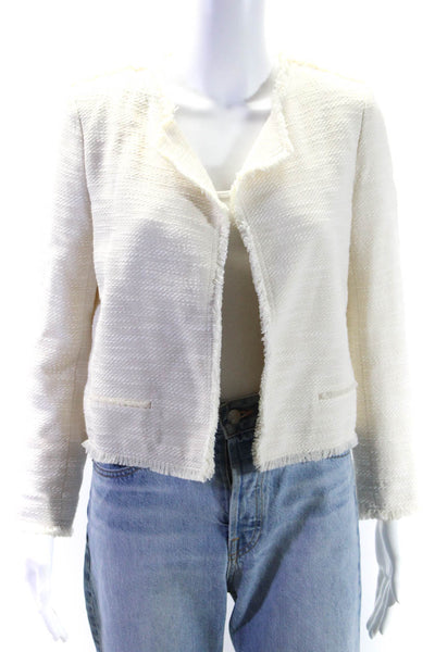 Club Monaco Womens Cotton Open Front Fringed Textured Blazer White Size 2