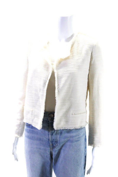 Club Monaco Womens Cotton Open Front Fringed Textured Blazer White Size 2