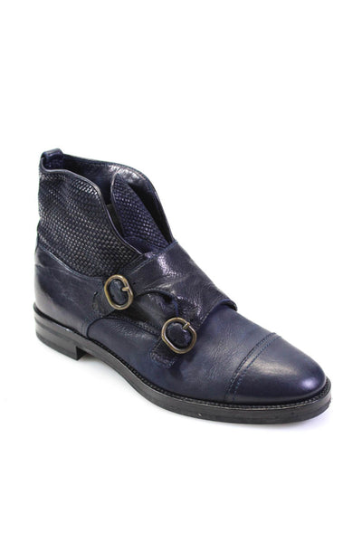 Fratelli Rossetti Womens Leather Buckled Textured Ankle Boots Navy Size EUR35.5