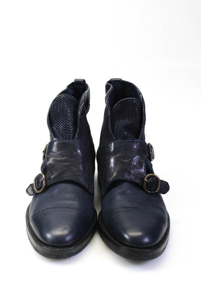 Fratelli Rossetti Womens Leather Buckled Textured Ankle Boots Navy Size EUR35.5