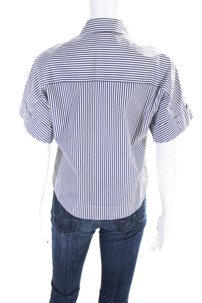 Theory Womens Half Sleeve Oversized Striped Shirt White Blue Cotton Size Petite