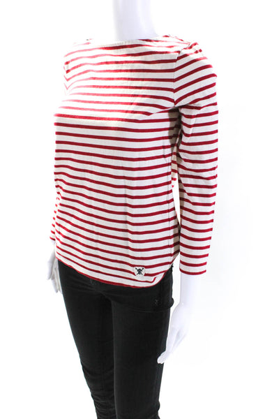 Tory Burch Womens 3/4 Sleeve Boat Neck Striped Shirt White Red Cotton Size XS