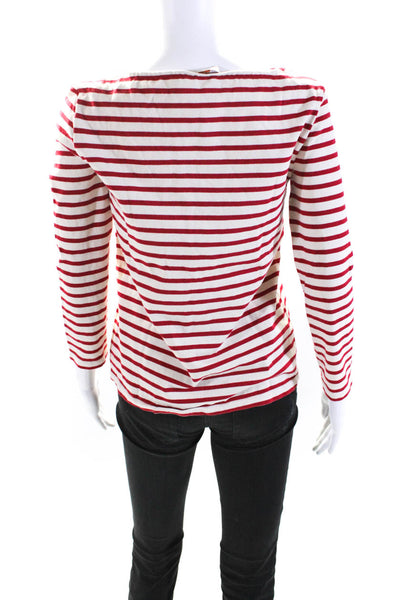 Tory Burch Womens 3/4 Sleeve Boat Neck Striped Shirt White Red Cotton Size XS